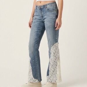 Vtg Y2K Midnight Velvet Jeans 14 Cream Lace Beaded Sequins Flared‎ Wide Leg Boho